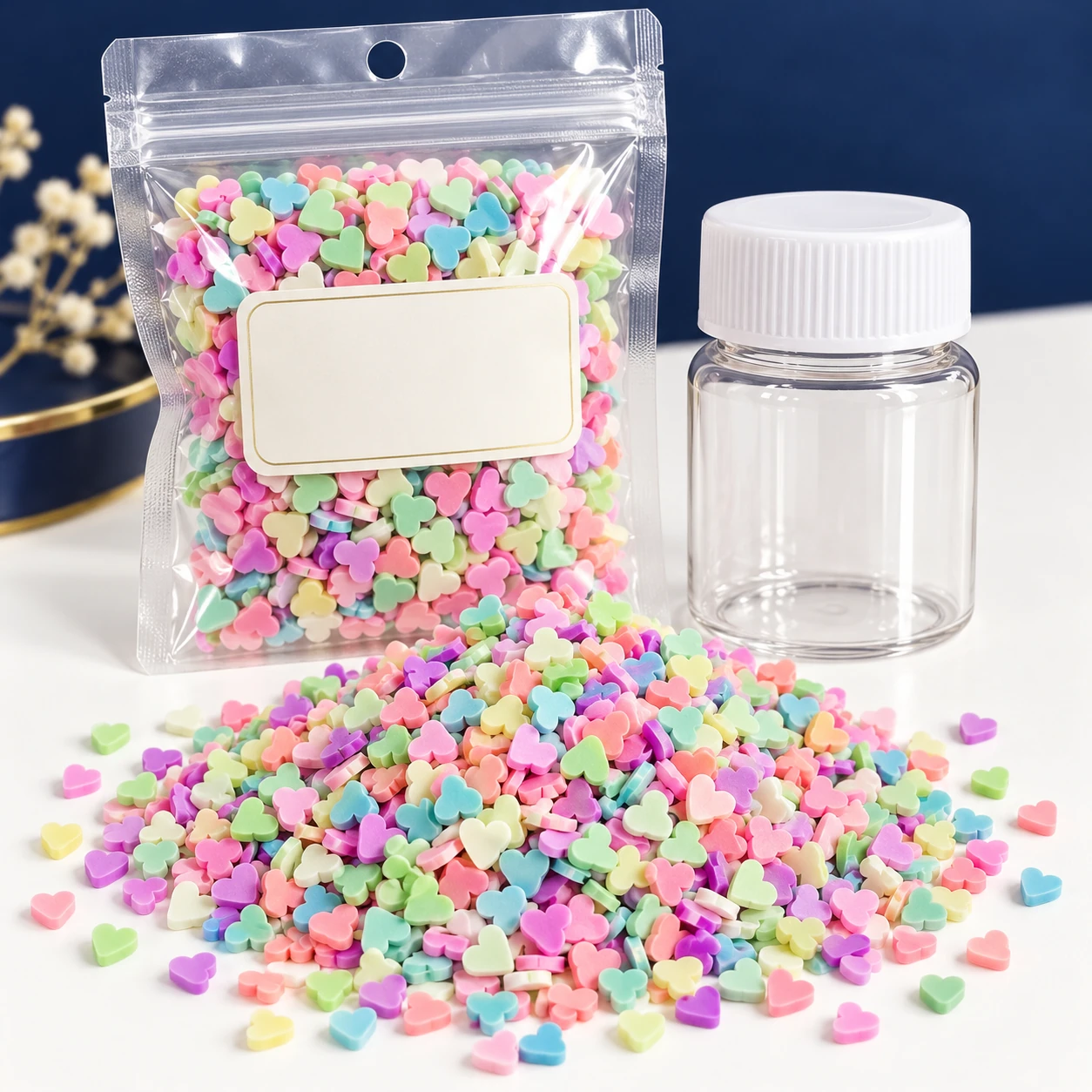 Pastel Heart Polymer Clay Slices with a clear pouch and sample jar for private-label packaging, YX3906