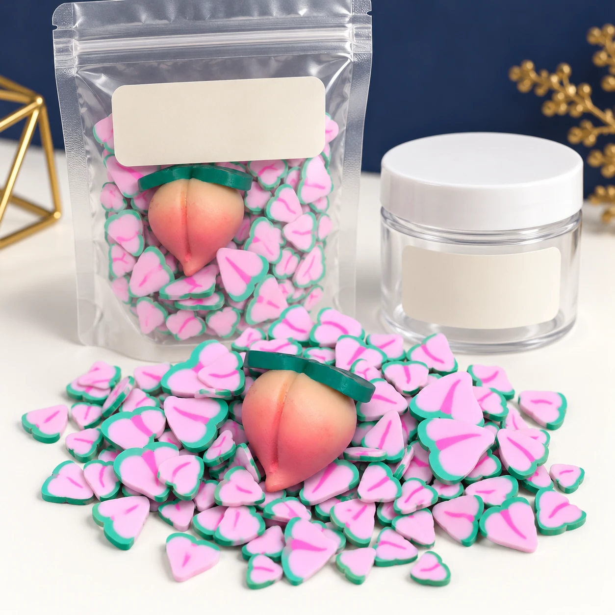 Peach Charm & Slice Filler Mix with a clear pouch and sample jar for private-label packaging, SLM10123