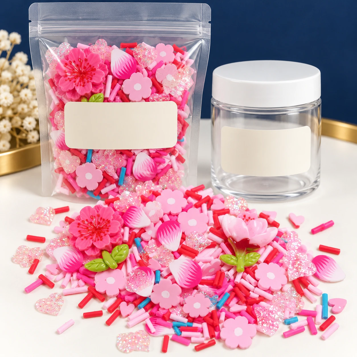 Pink Flower & Heart Filler Mix with a clear pouch and sample jar for private-label packaging, SLM690