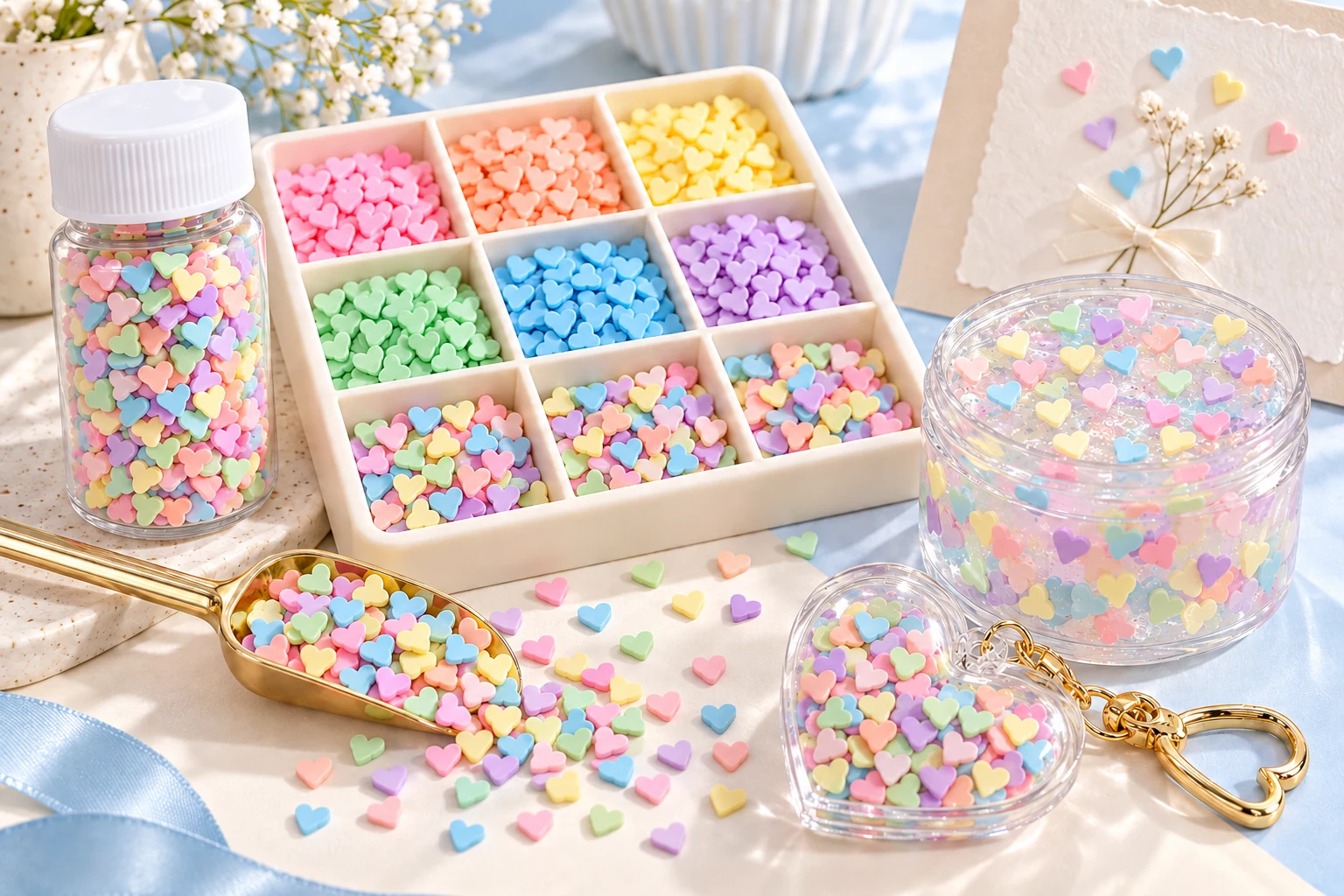 Pastel polymer clay heart slices beside slime, dry shaker and handmade card concepts