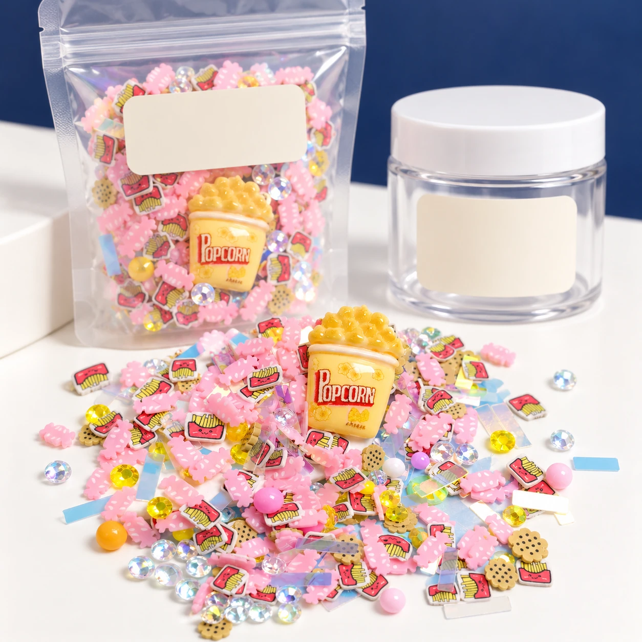 Popcorn & Snack Filler Mix with a clear pouch and sample jar for private-label packaging, SLM713
