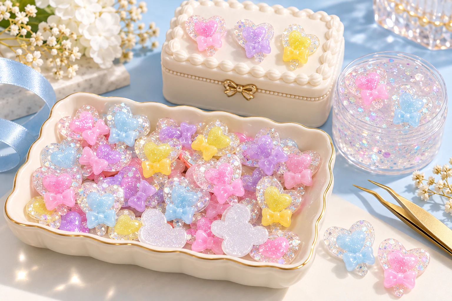 Pastel glitter heart and bow resin flatback charms beside decoden and slime craft concepts