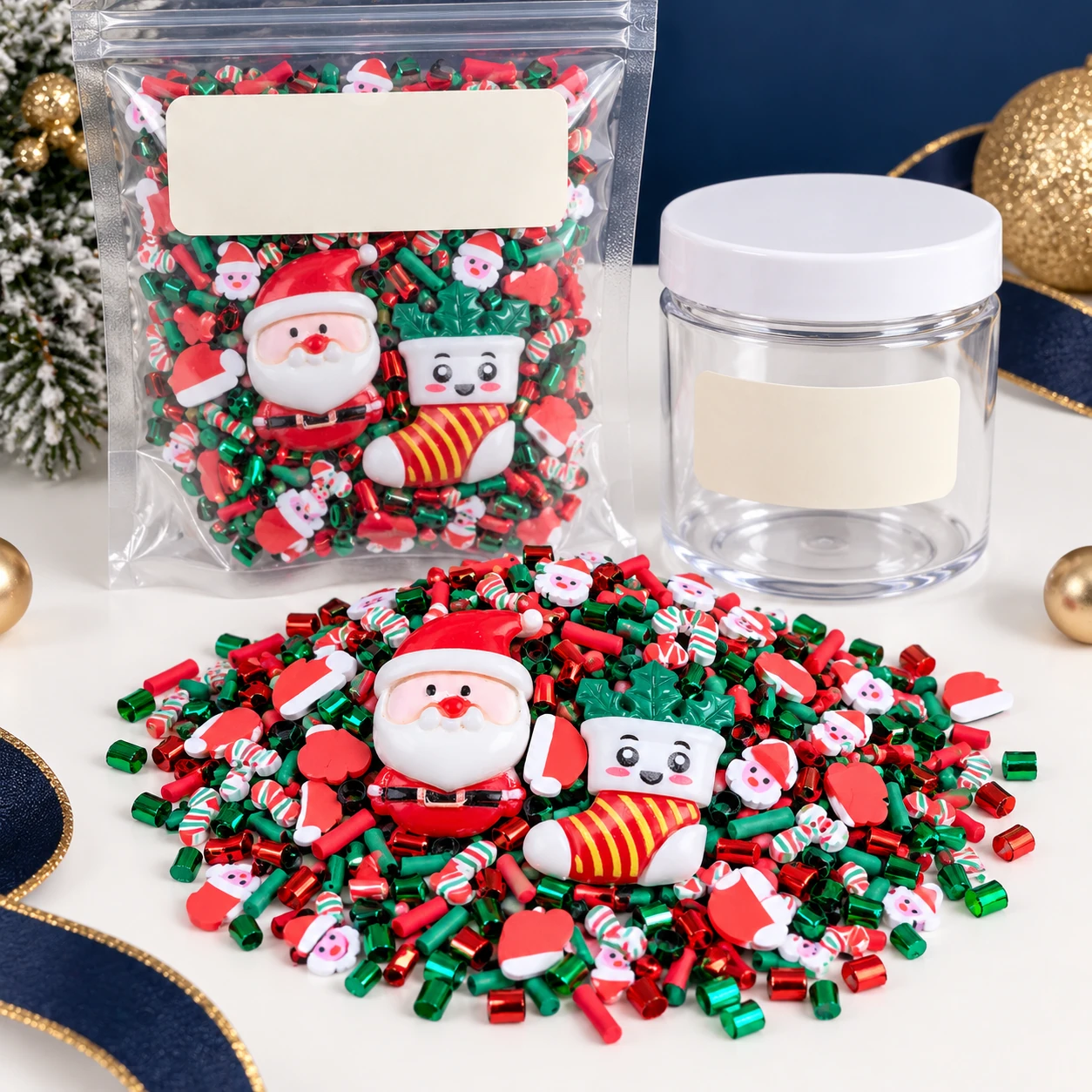 Santa & Christmas Sprinkle Filler Mix with a clear pouch and sample jar for private-label packaging, SLM10130