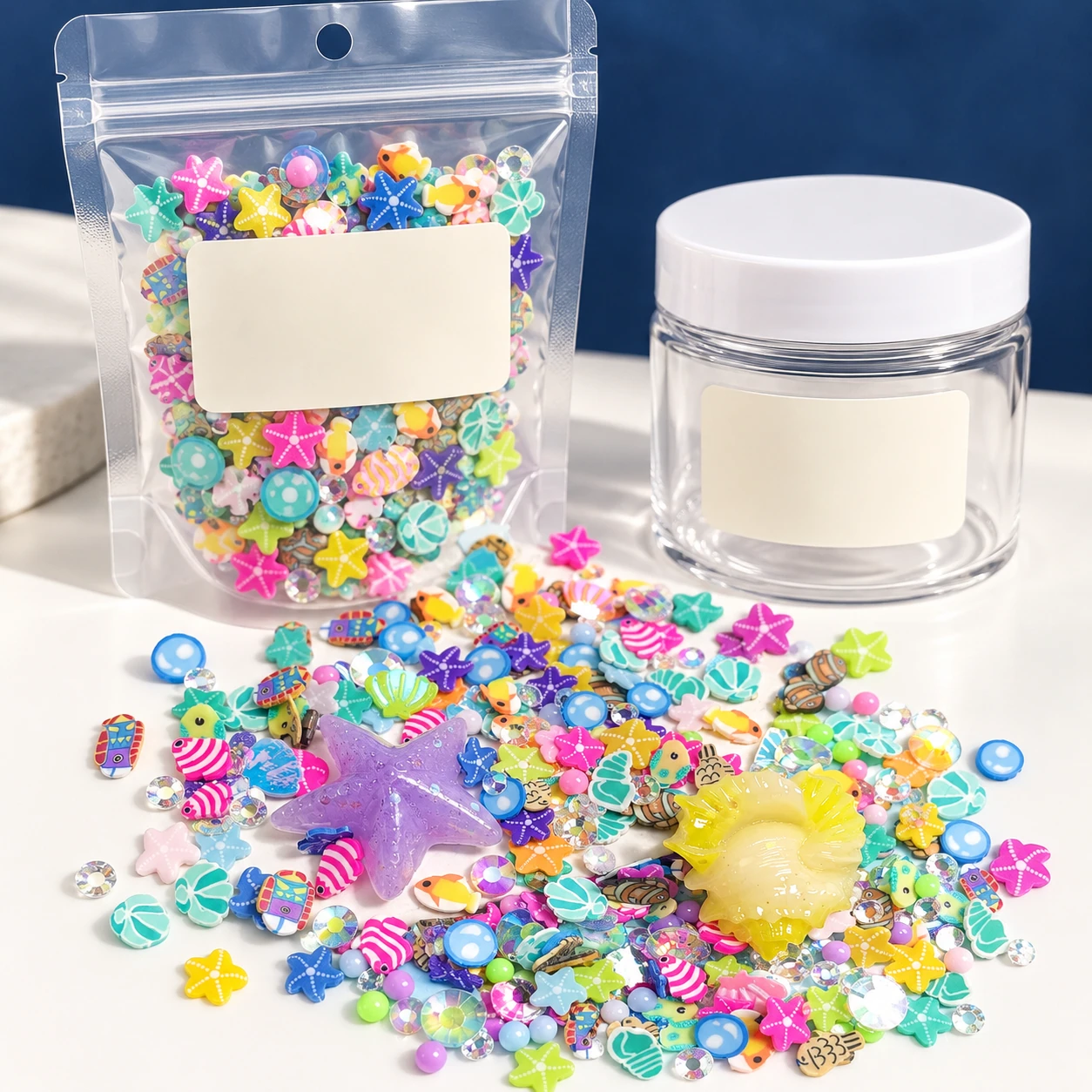 Sea Creature & Star Filler Mix with a clear pouch and sample jar for private-label packaging, SLM715