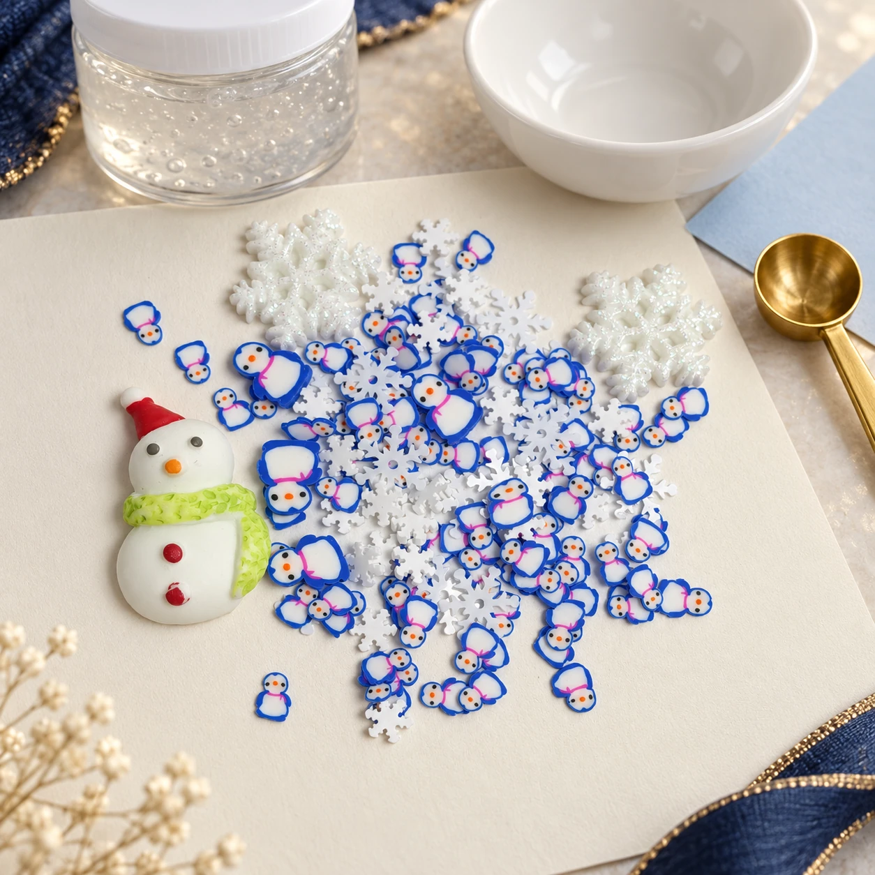 Snowman & Snowflake Filler Mix in a craft-workspace concept with a clear slime jar, bowl and gold scoop, SLM20254