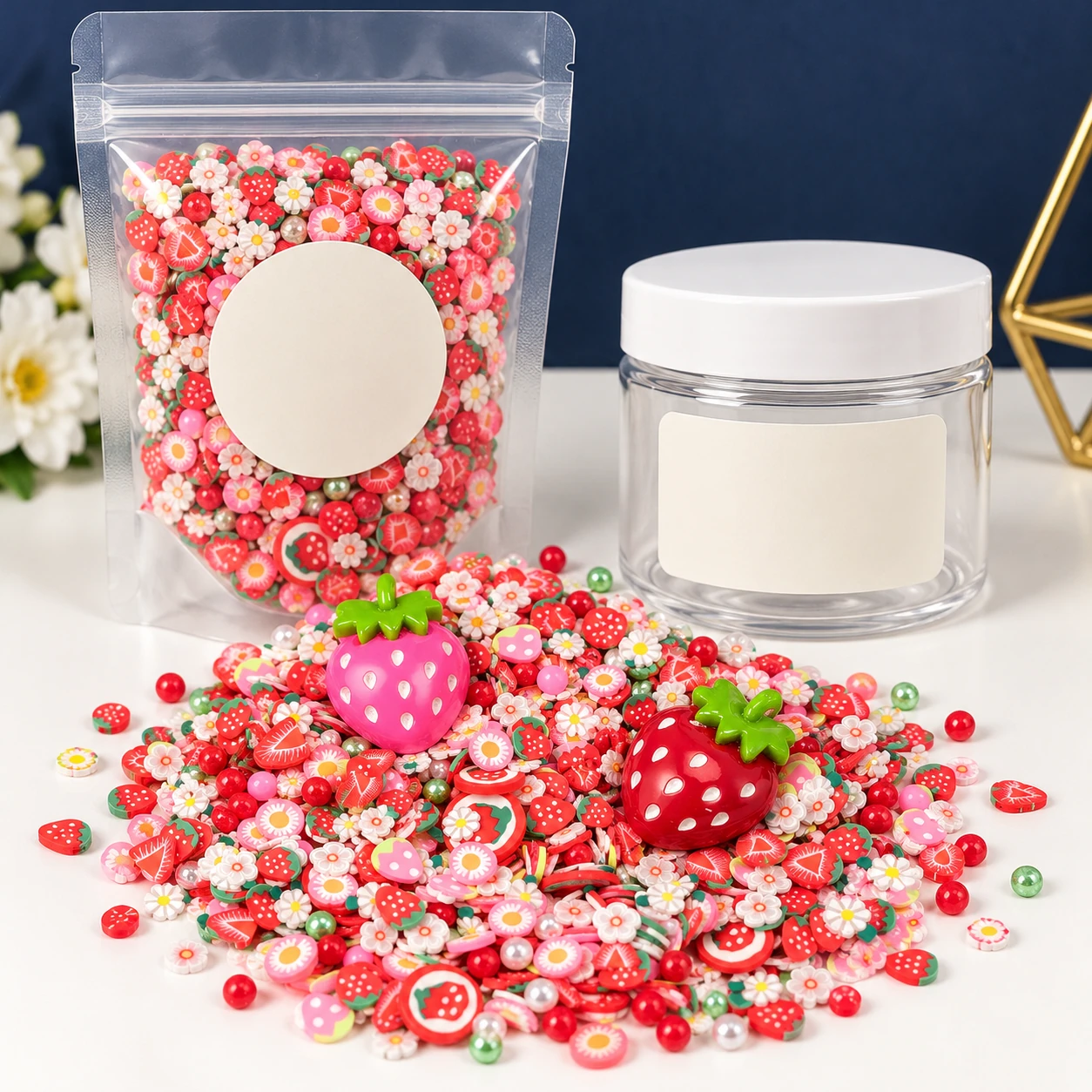 Strawberry & Floral Confetti Filler Mix with a clear pouch and sample jar for private-label packaging, SLM10012