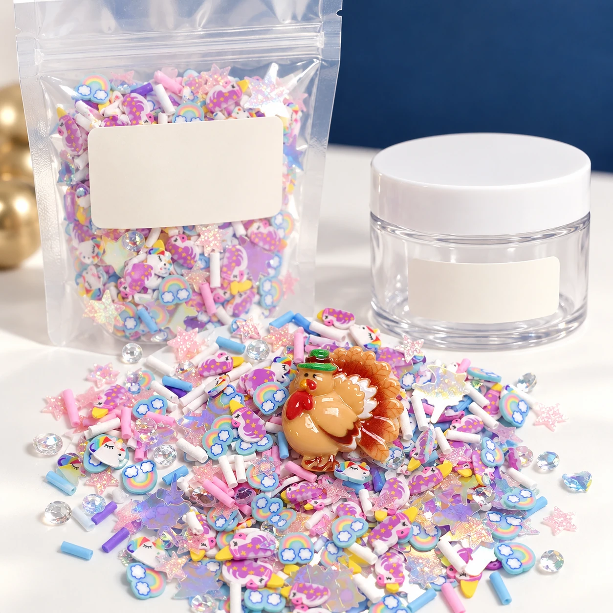 Turkey & Rainbow Confetti Filler Mix with a clear pouch and sample jar for private-label packaging, SLM003536